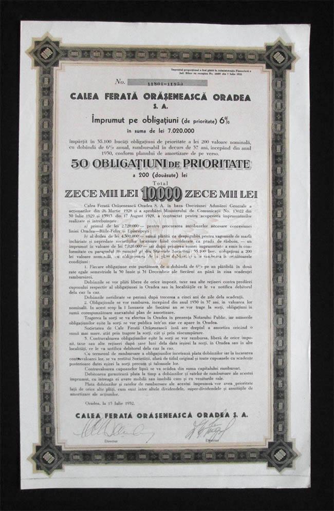 Nagyvárad Vasút elsőbbségi kötvény 50x200 lei 1932